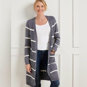 Talbots Blue Striped Marbled Duster Long Cotton Cardigan Size XS EUC